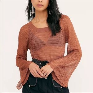 Free People Intimately FP Pointelle Crochet Knit Belle Sleeve Bodysuit Blouse M